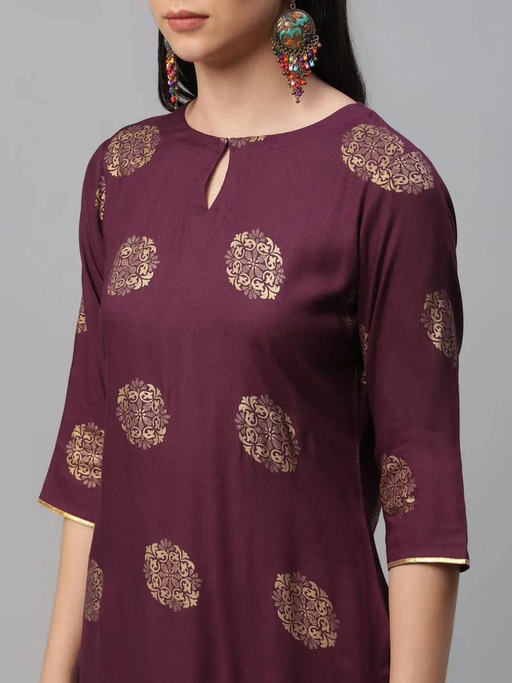 Maroon Printed Rayon Suit Set - Libas
