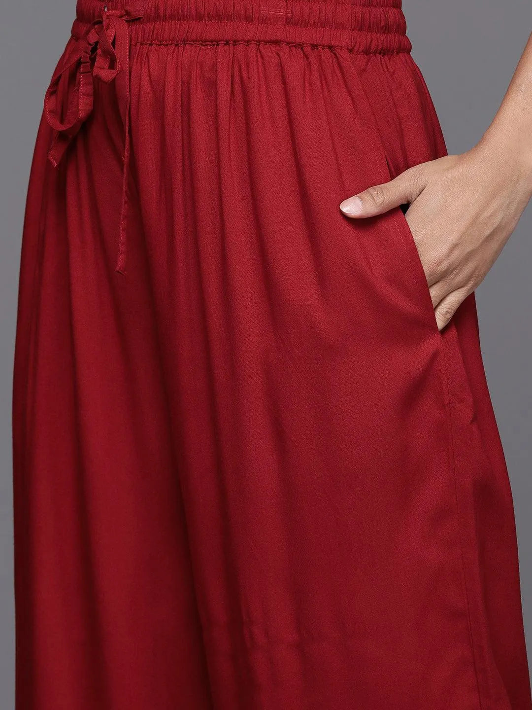 Maroon Printed Rayon Straight Kurta With Palazzos & Dupatta - Libas 
