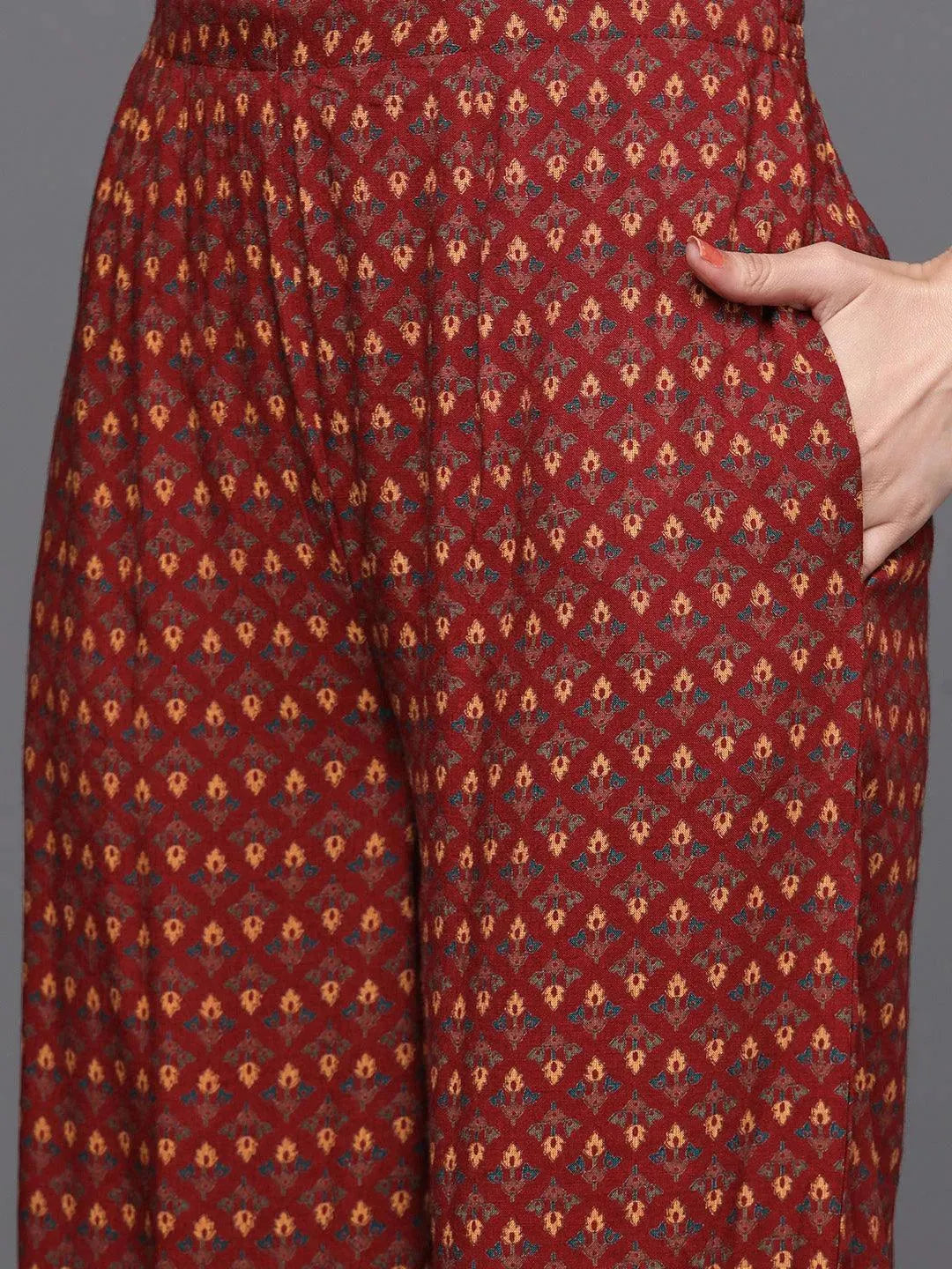 Maroon Printed Rayon Suit Set - Libas 