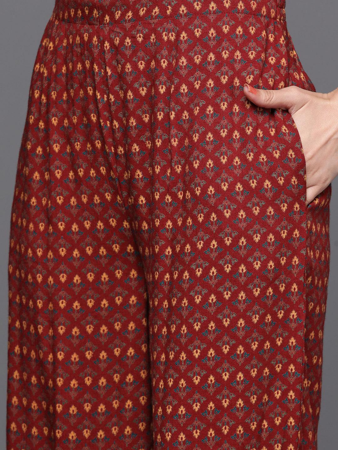 Maroon Printed Rayon Suit Set - Libas