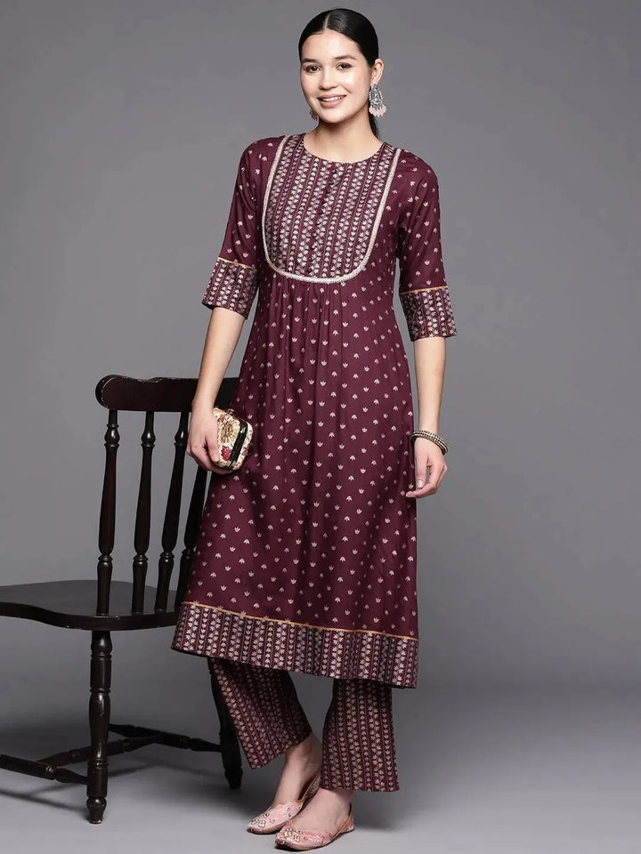 Maroon Printed Rayon Trousers - Libas