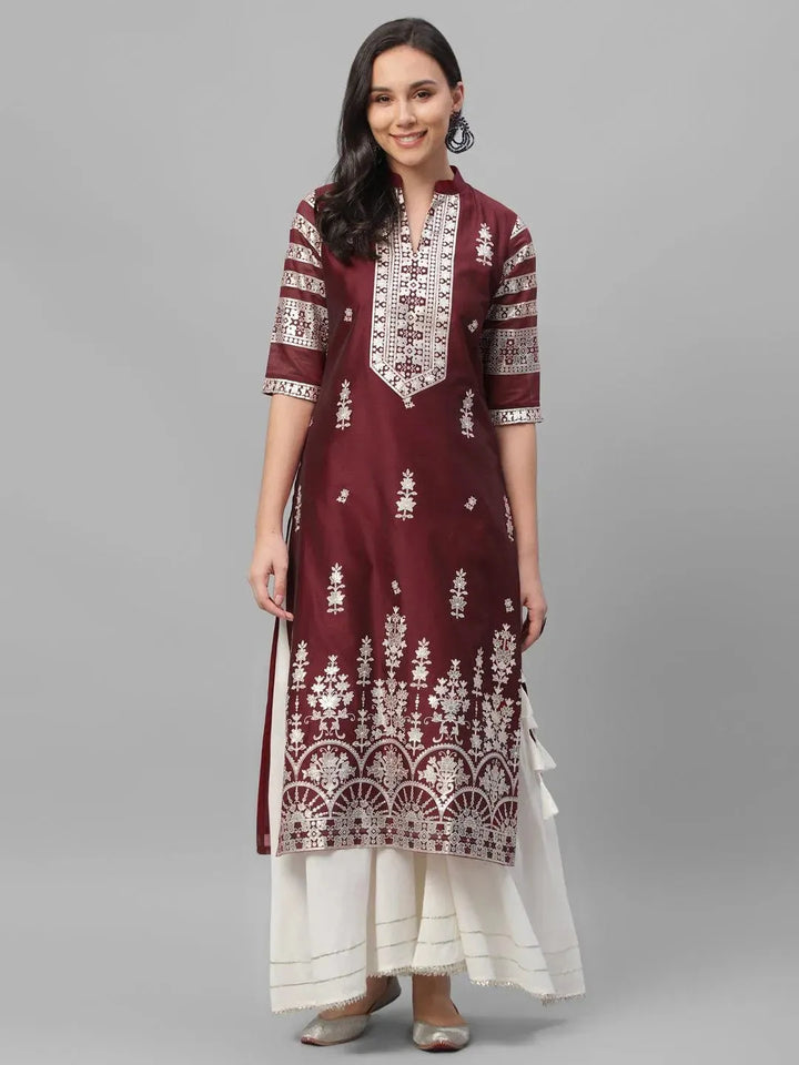 Maroon Printed Shantoon Kurta - Libas