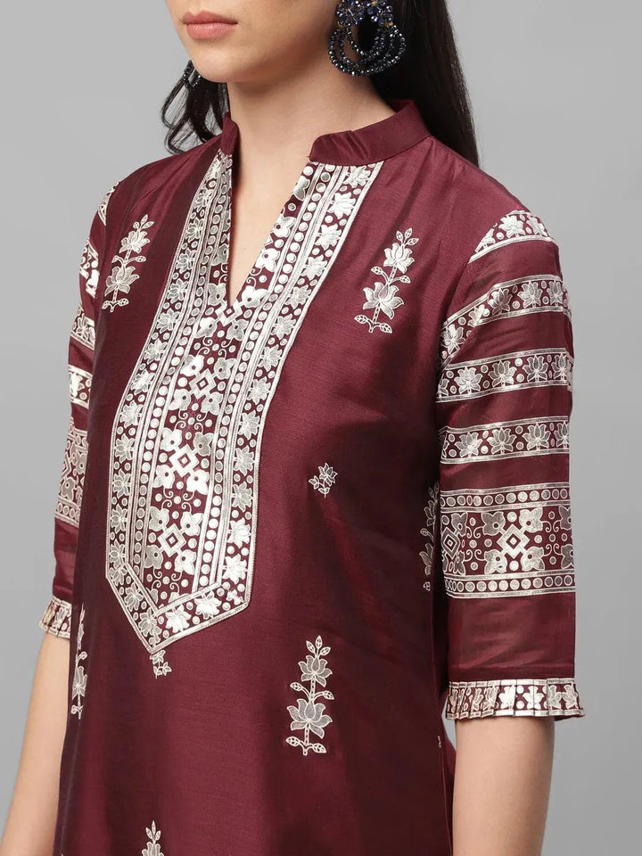 Maroon Printed Shantoon Kurta - Libas