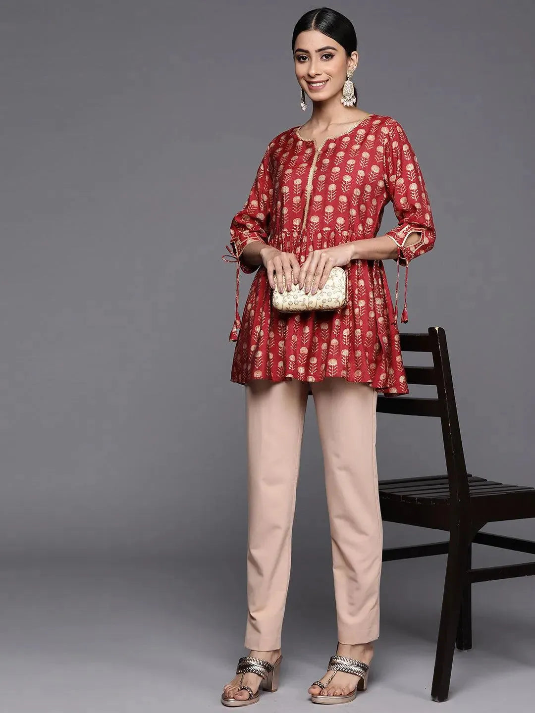 Maroon Printed Silk Blend A-Line Kurti - Libas