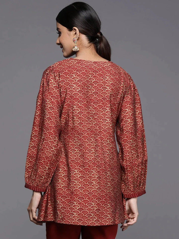 Maroon Printed Silk Blend A-Line Kurti - Libas