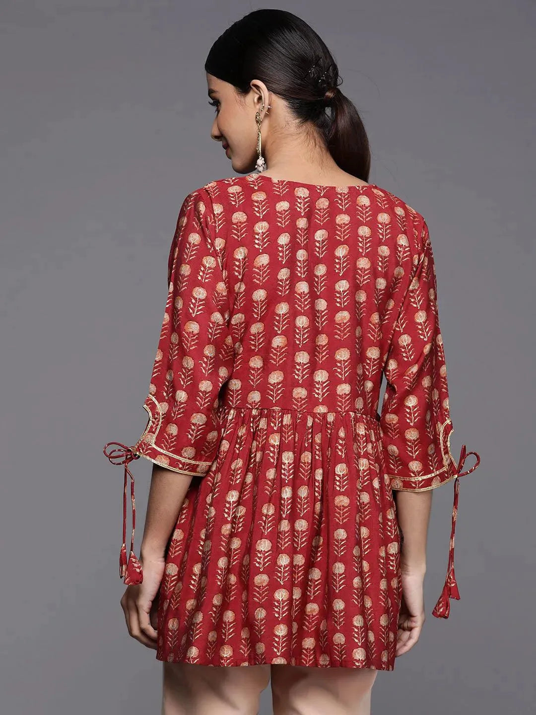 Maroon Printed Silk Blend A-Line Kurti - Libas 