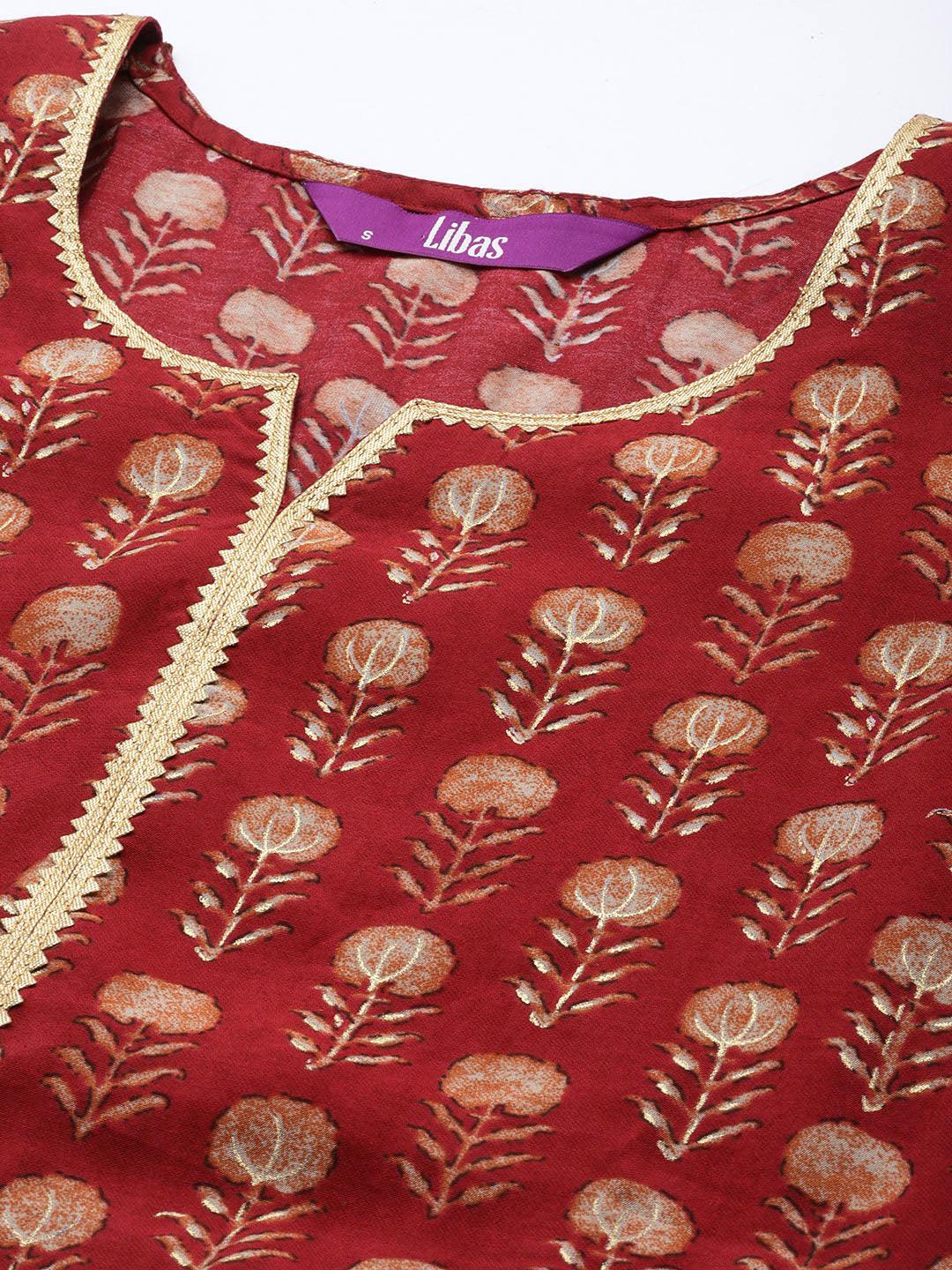 Maroon Printed Silk Blend A-Line Kurti