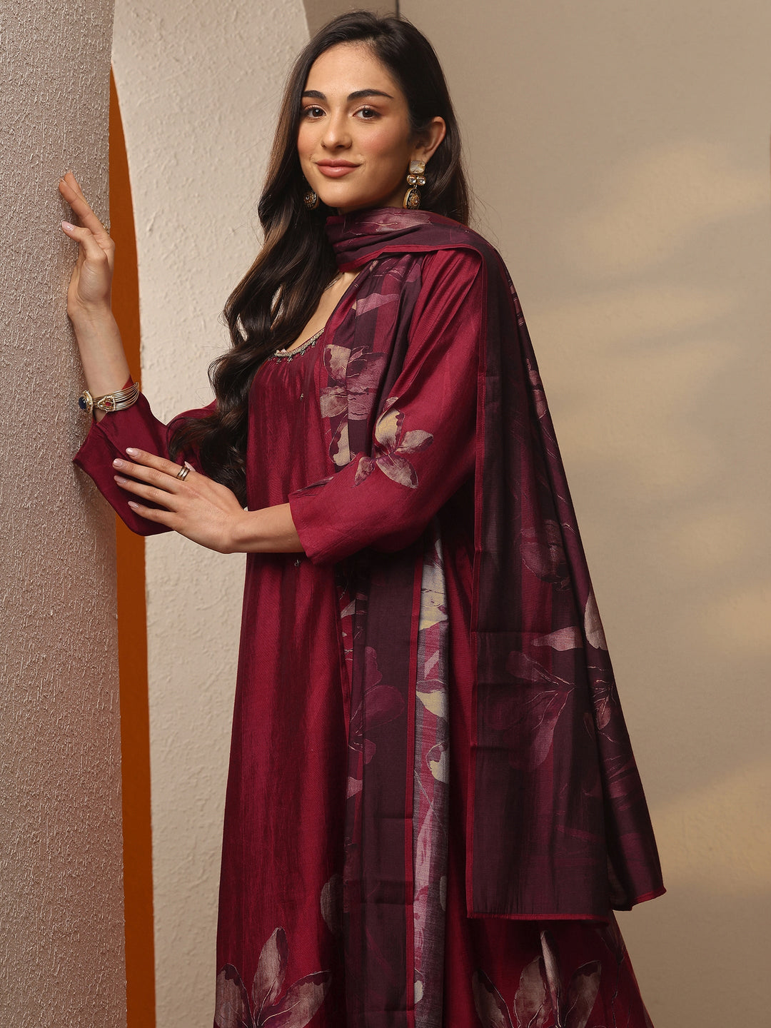  Maroon Printed Silk Blend A-Line Suit Set With Dupatta 