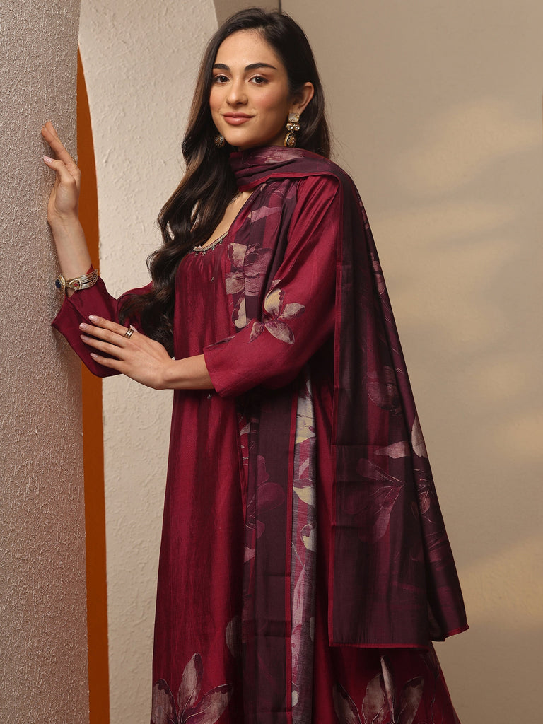 Libas Maroon Printed Silk Blend A-Line Suit Set With Dupatta
