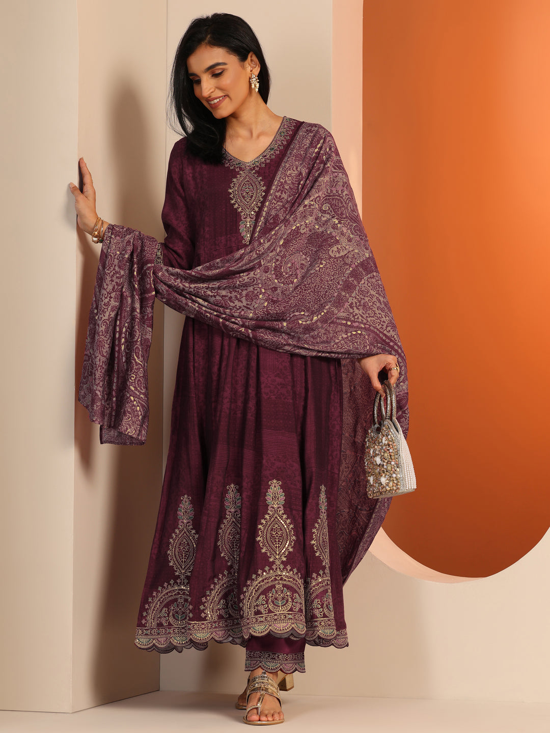  Maroon Printed Silk Blend Anarkali Suit Set With Dupatta 
