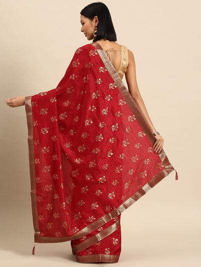 Maroon Printed Silk Blend Saree - Libas