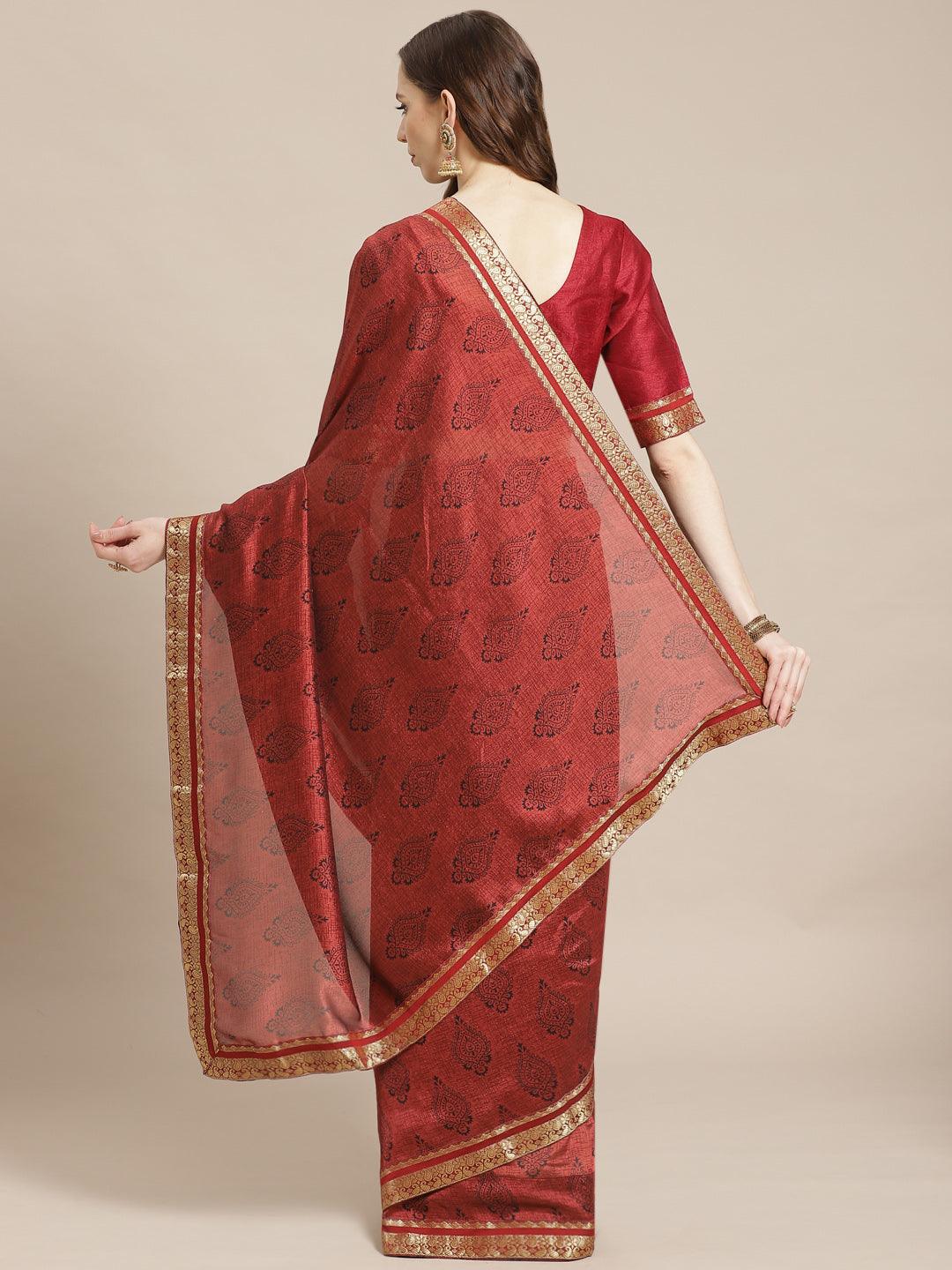 Maroon Printed Silk Blend Saree - Libas