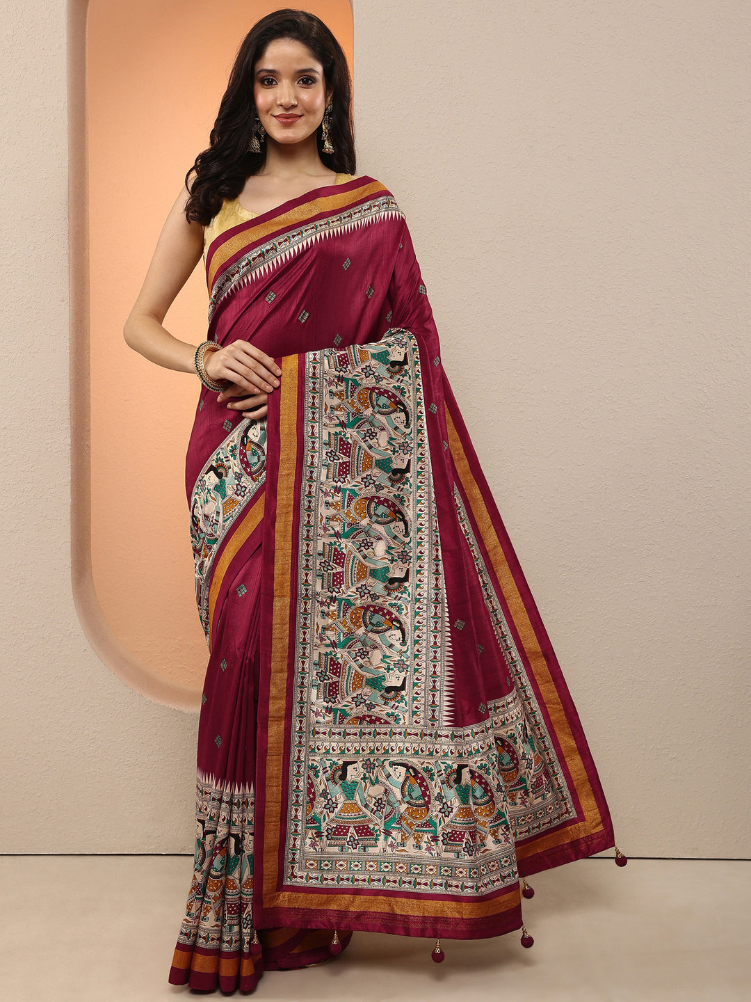 Maroon Printed Silk Blend Saree With Unstitched Blouse Piece