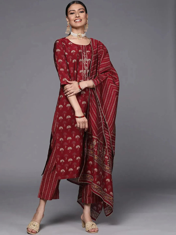 Maroon Printed Silk Blend Straight Suit Set - Libas