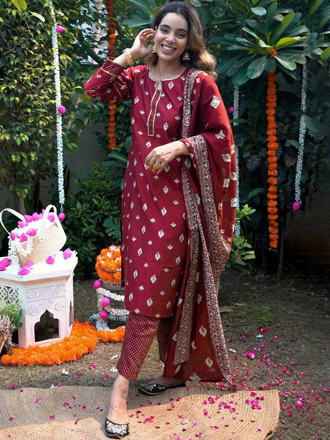 Maroon Printed Silk Blend Straight Suit Set - Libas