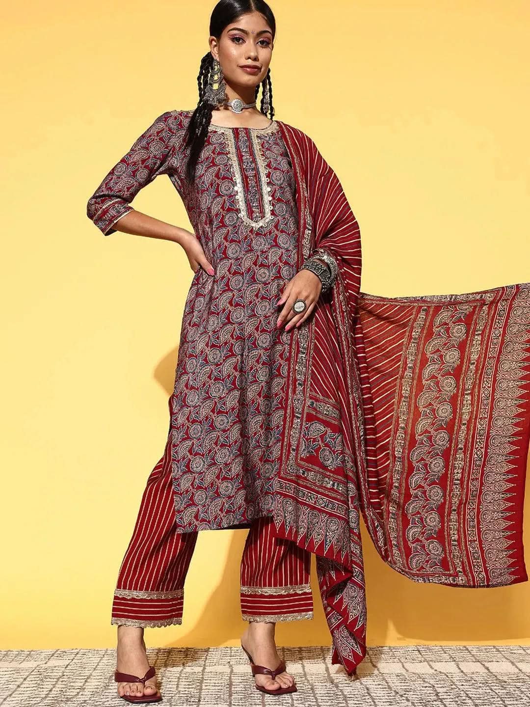 libas Maroon Printed Silk Blend Straight Kurta With Dupatta-picture-53