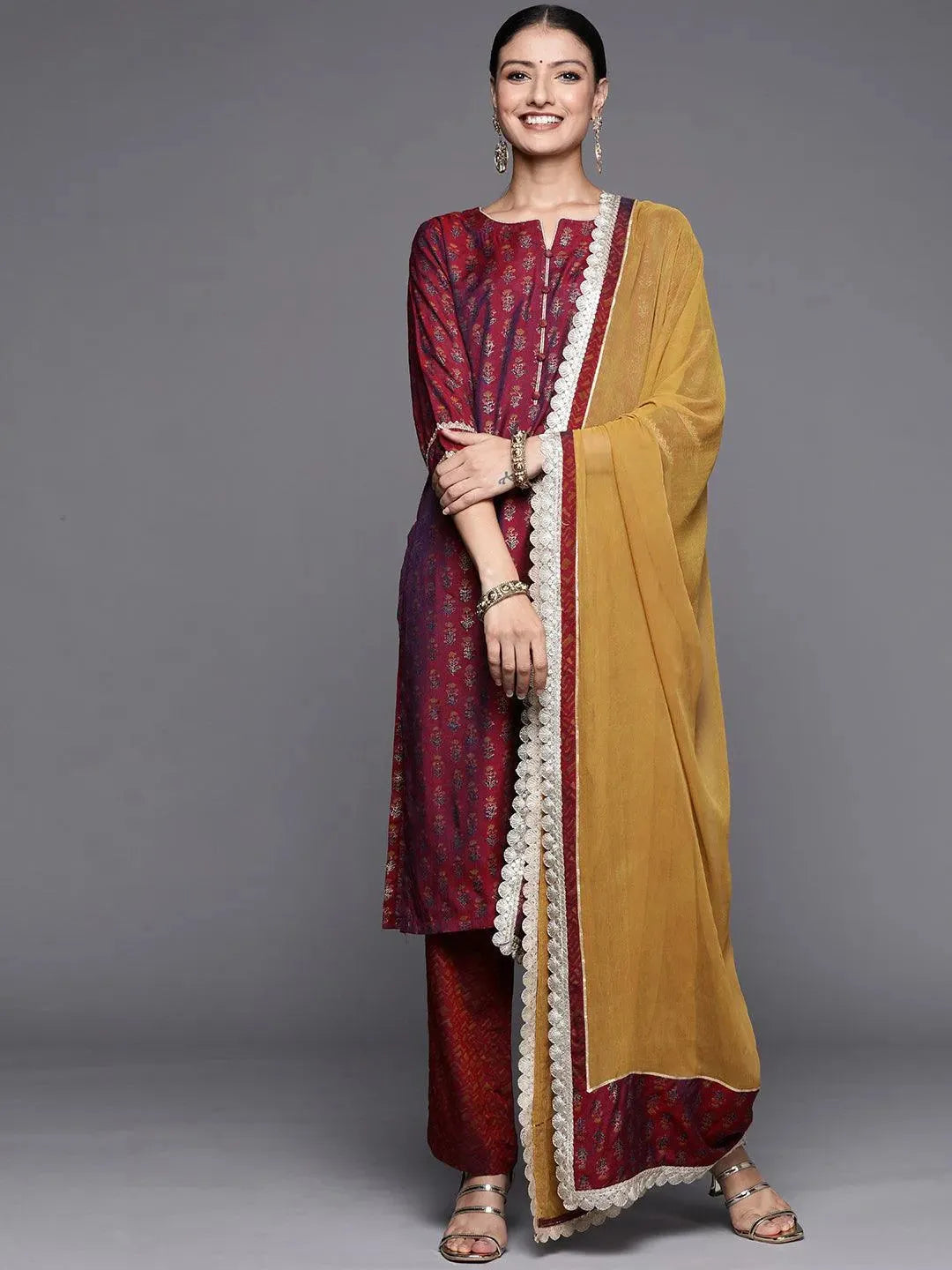 Maroon Printed Silk Blend Straight Suit Set - Libas
