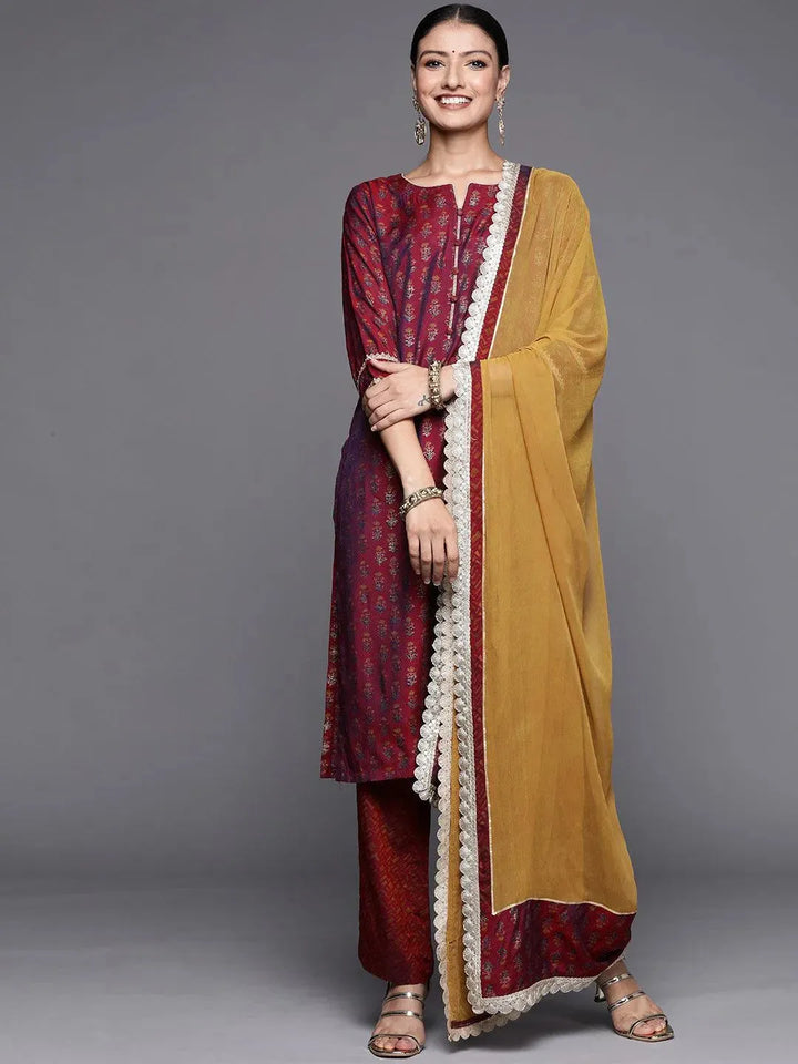 Maroon Printed Silk Blend Straight Suit Set - Libas