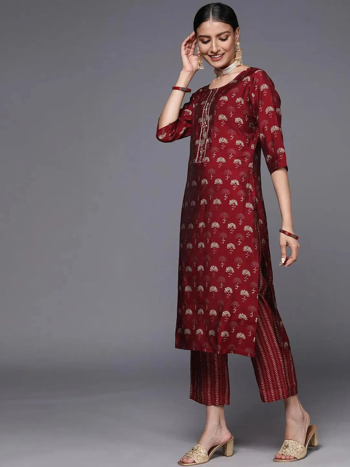 Maroon Printed Silk Blend Straight Suit Set - Libas