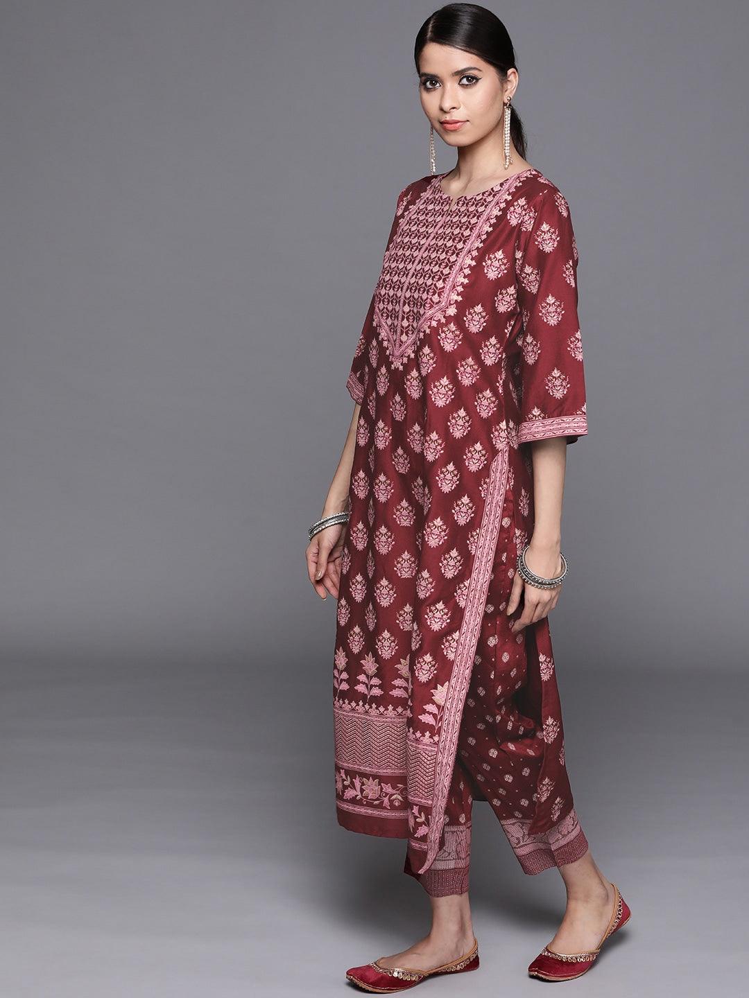 Maroon Printed Silk Blend Suit Set - Libas