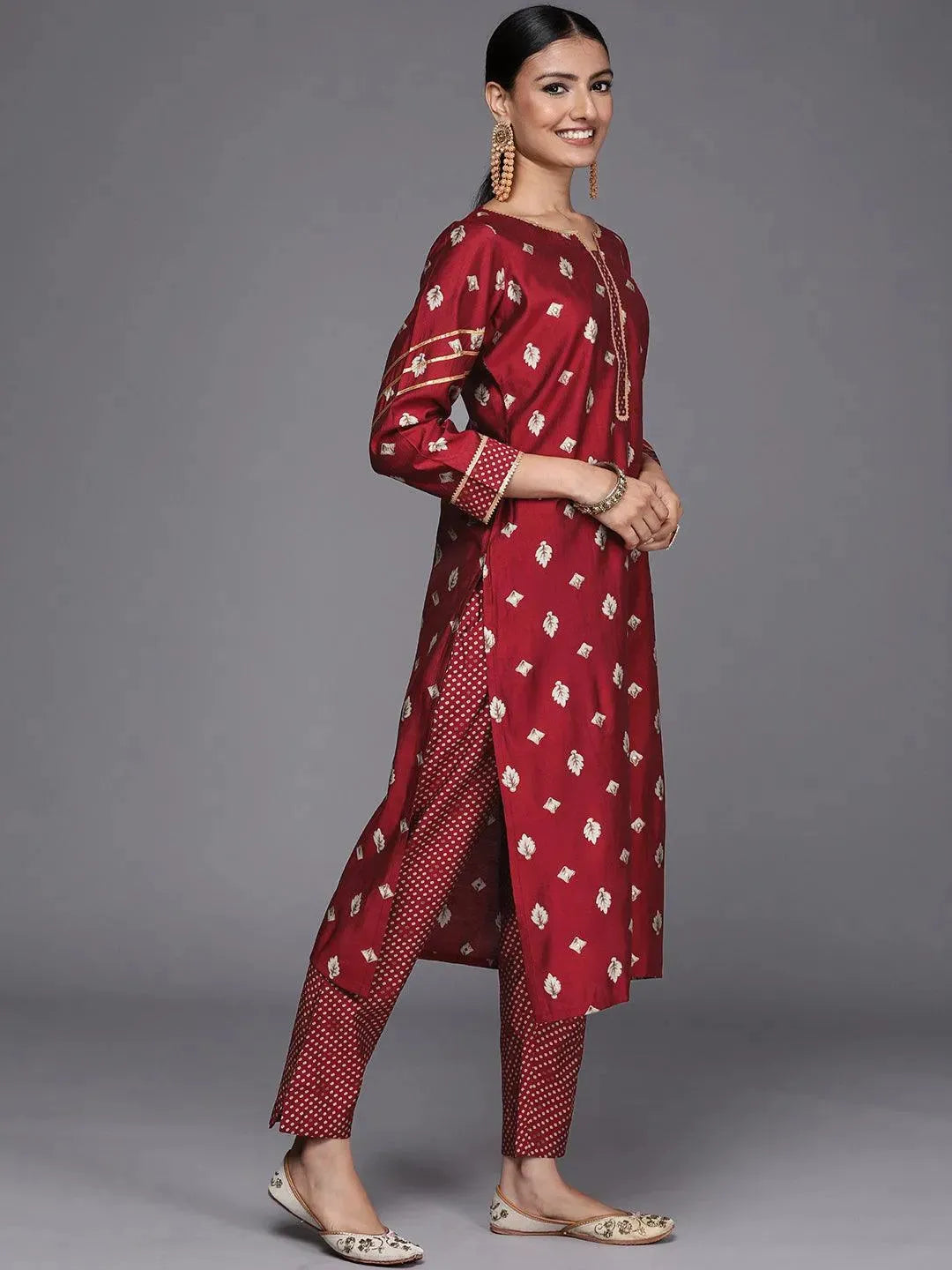 Maroon Printed Silk Blend Straight Suit Set - Libas