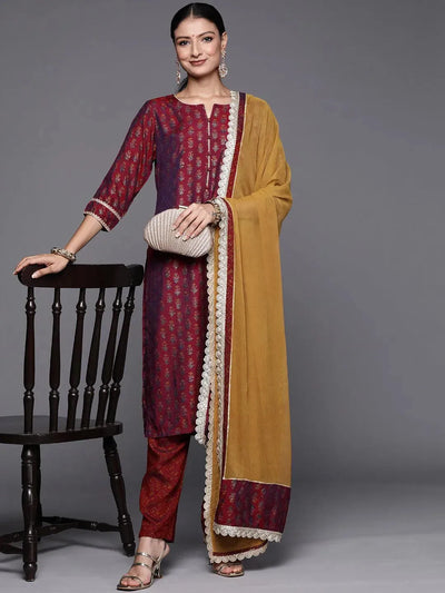 Maroon Printed Silk Blend Straight Suit Set - Libas