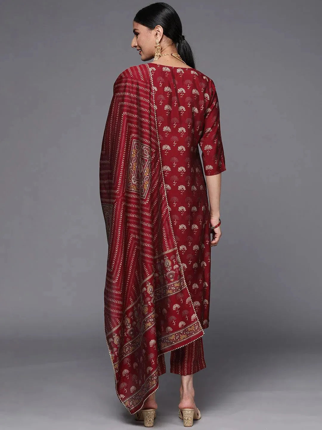 Maroon Printed Silk Blend Straight Suit Set - Libas