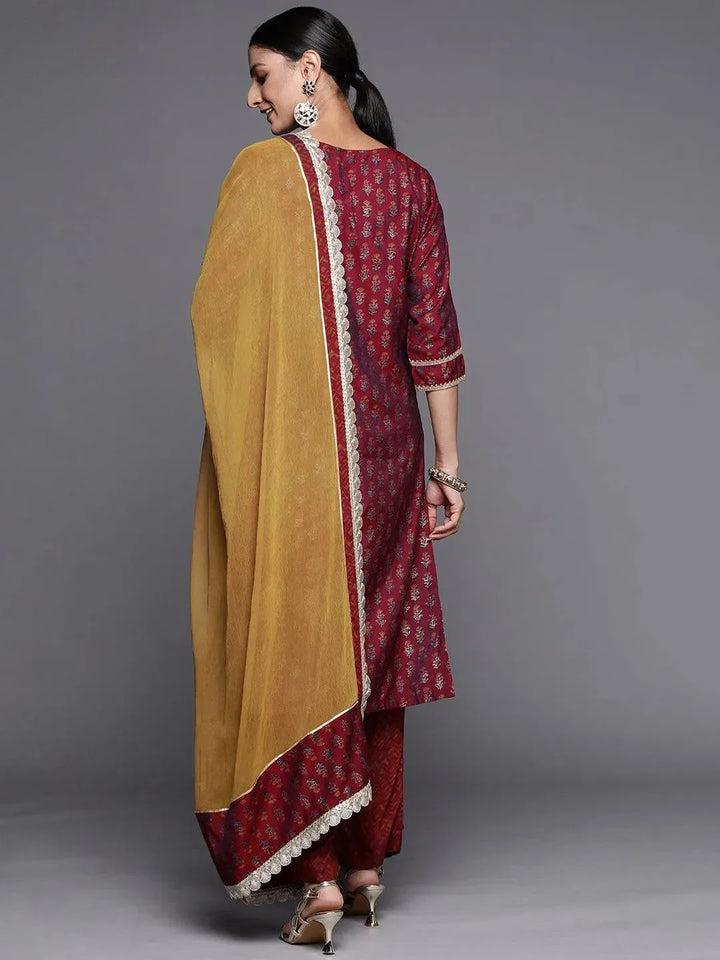 Maroon Printed Silk Blend Straight Suit Set - Libas
