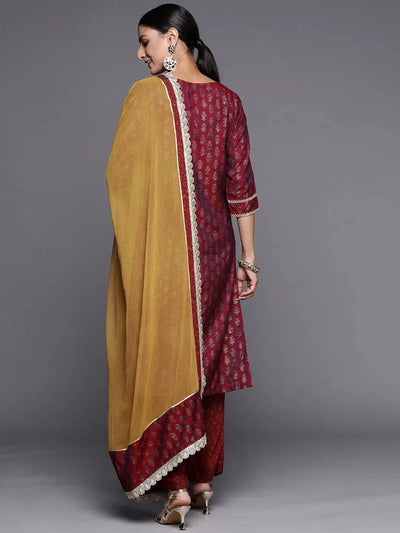 Maroon Printed Silk Blend Straight Suit Set - Libas