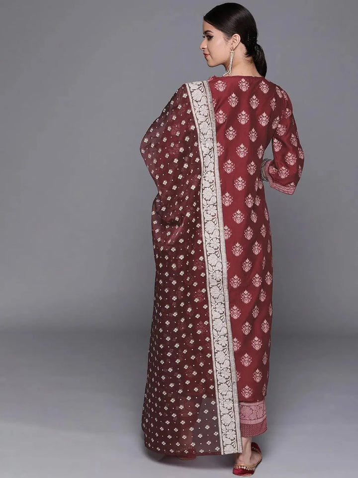 Maroon Printed Silk Blend Suit Set - Libas