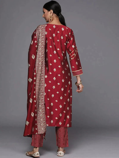 Maroon Printed Silk Blend Straight Suit Set - Libas