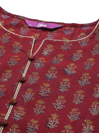 Maroon Printed Silk Blend Straight Suit Set - Libas
