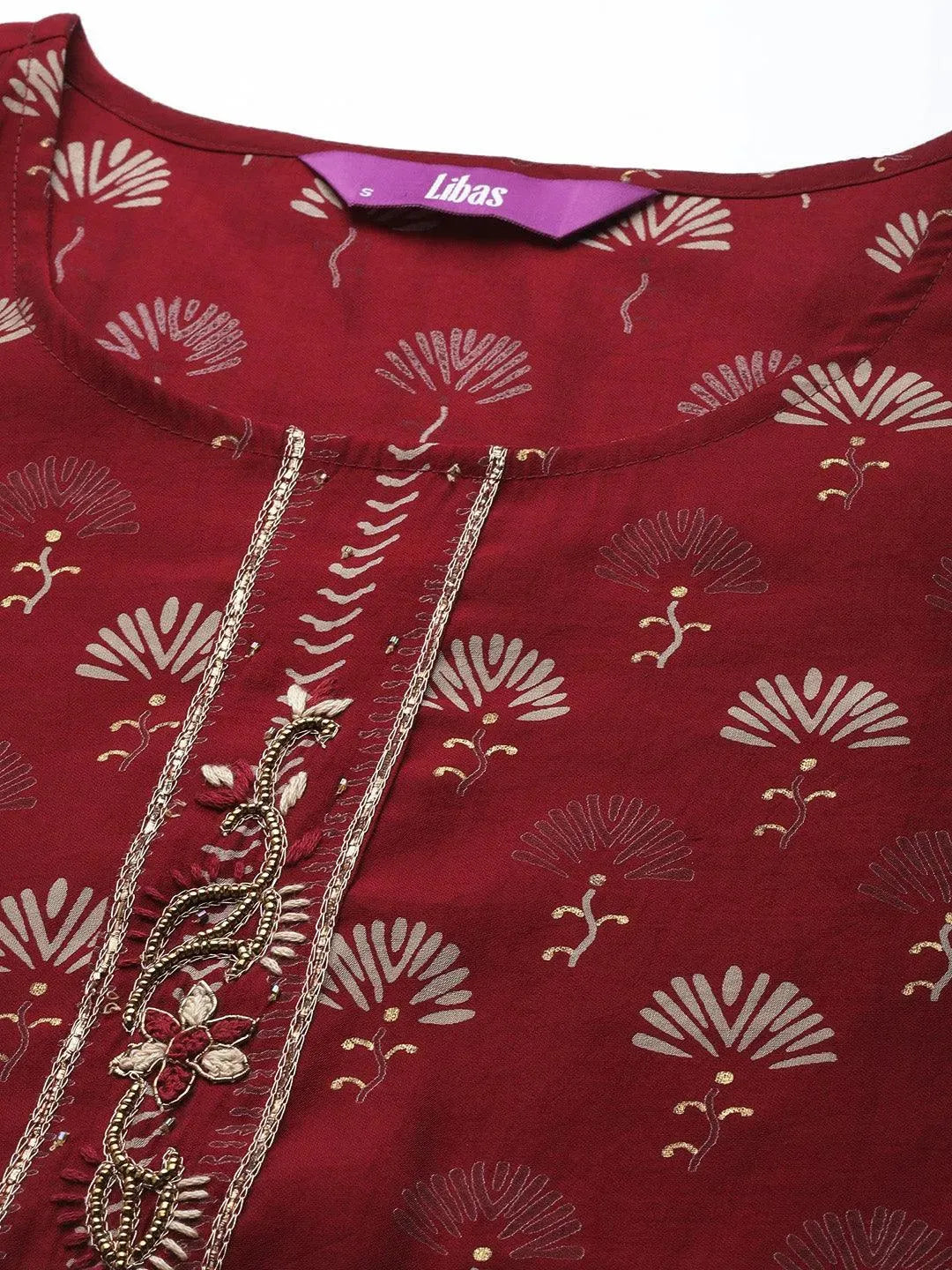 Maroon Printed Silk Blend Straight Suit Set - Libas 