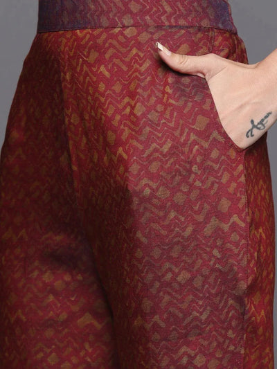 Maroon Printed Silk Blend Straight Suit Set - Libas