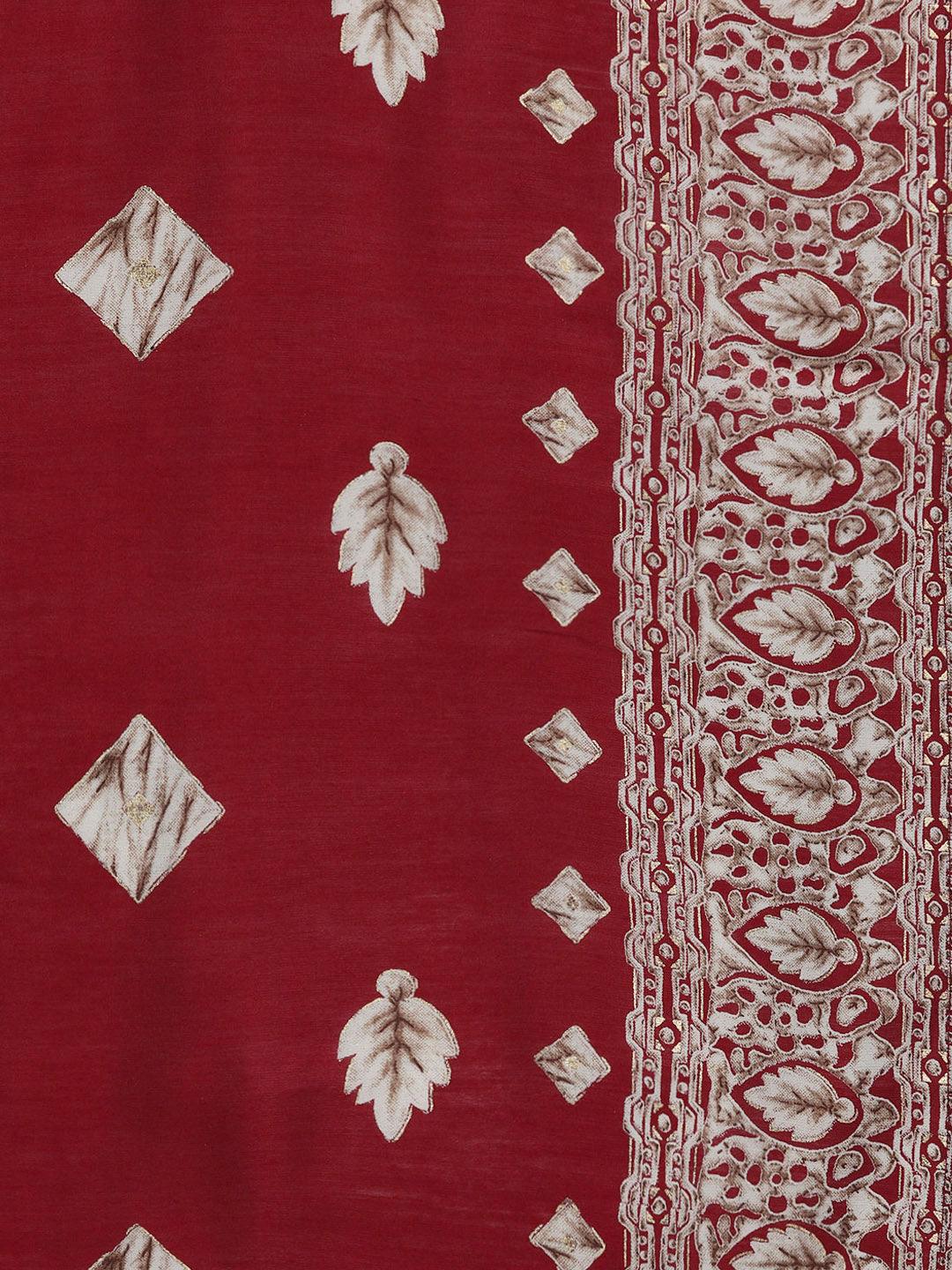 Maroon Printed Silk Blend Straight Kurta With Dupatta