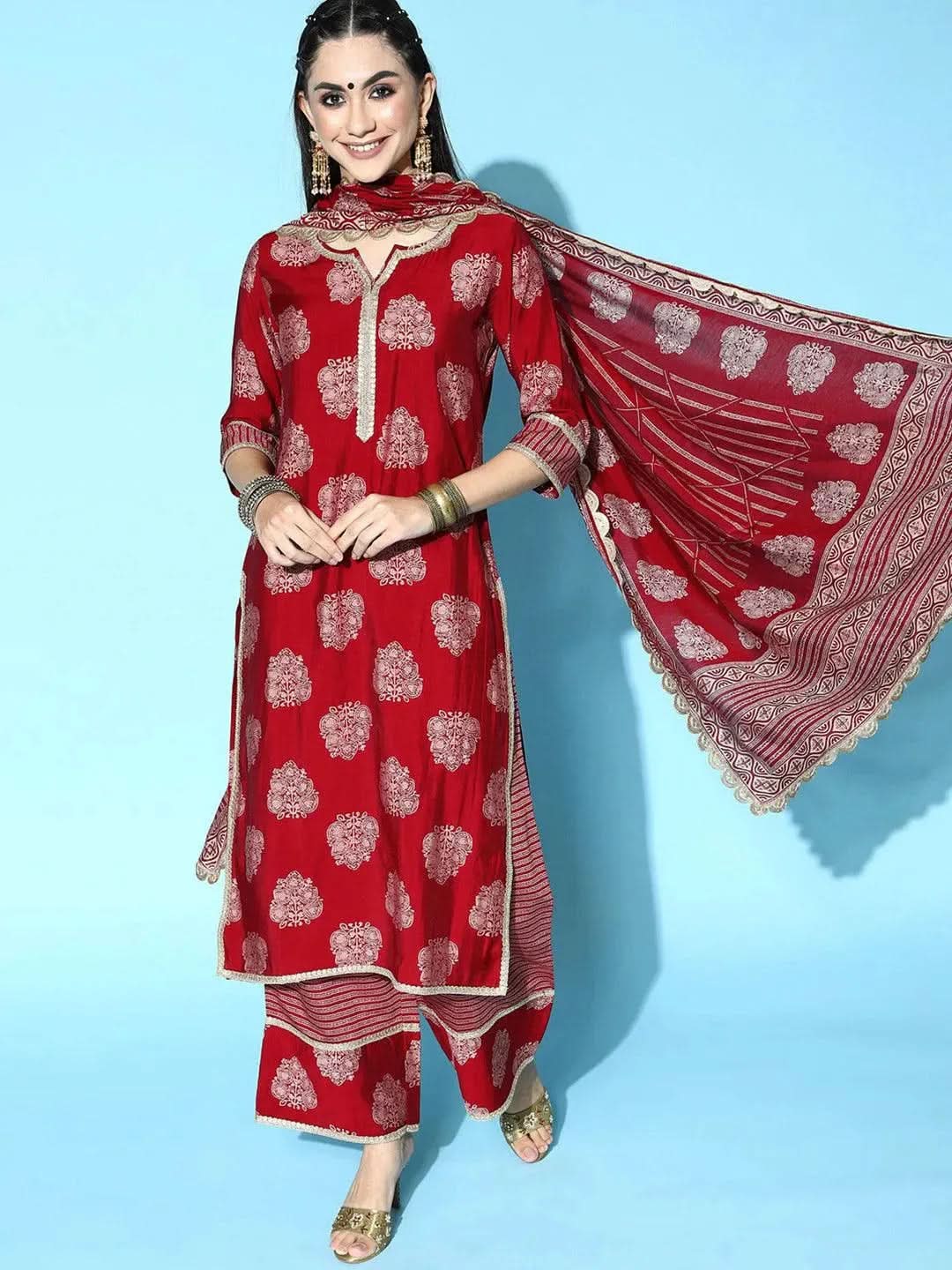 Maroon Printed Silk Blend Straight Suit Set - Libas 
