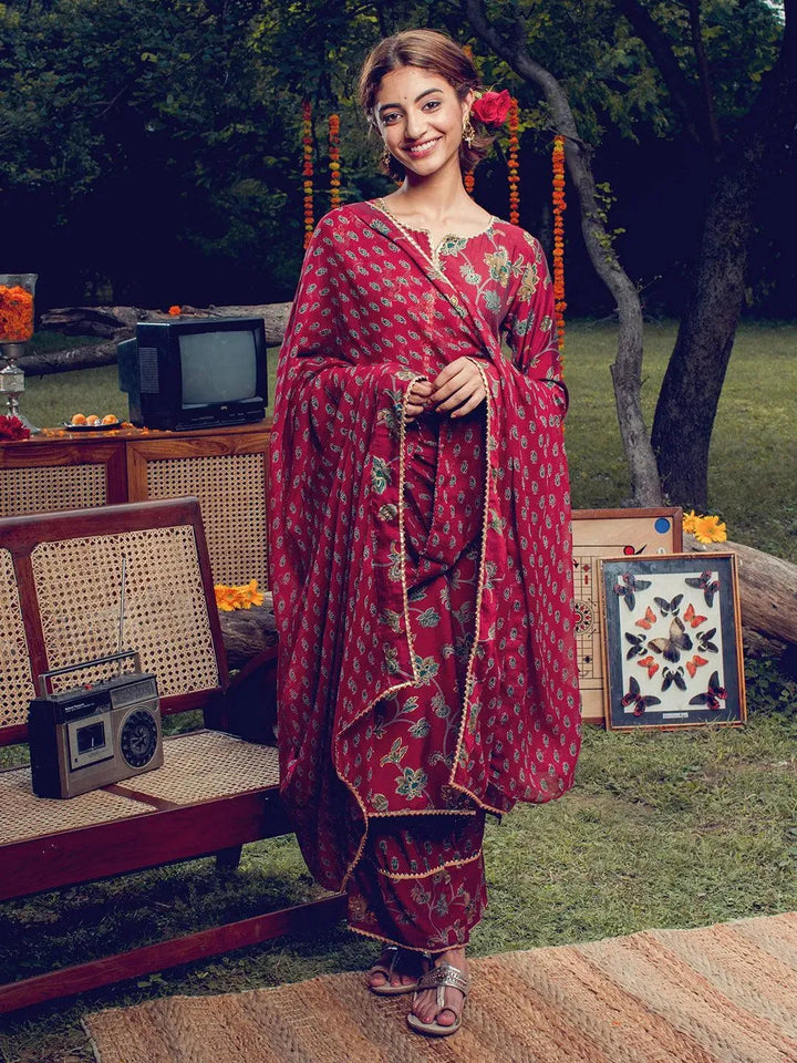 Maroon Printed Silk Blend Suit Set - Libas