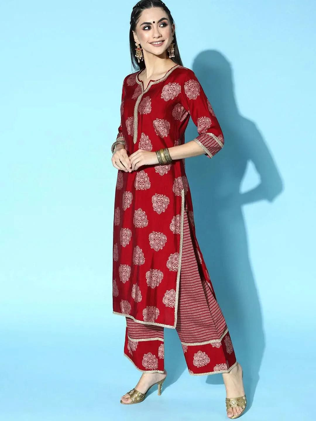 Maroon Printed Silk Blend Straight Suit Set - Libas