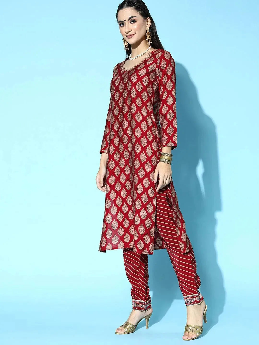 Maroon Printed Silk Blend Straight Suit Set - Libas