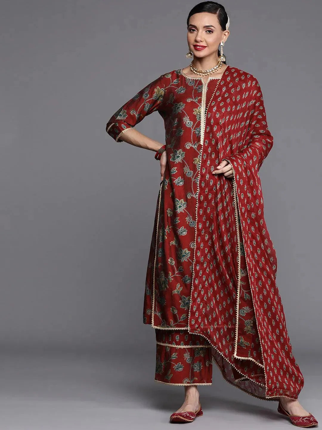 Maroon Printed Silk Blend Suit Set - Libas