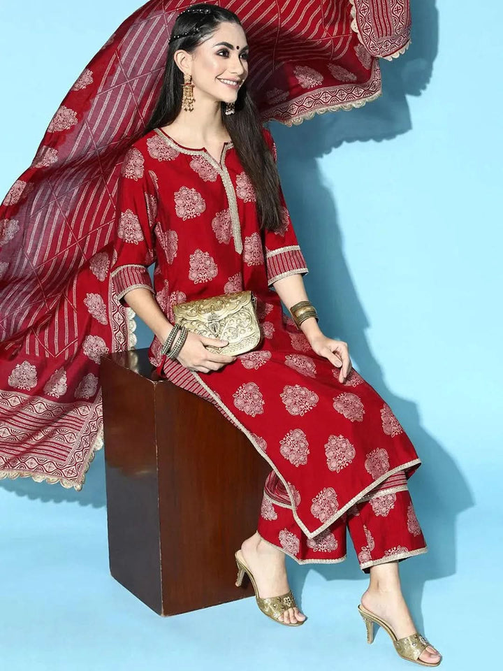 Maroon Printed Silk Blend Straight Suit Set - Libas