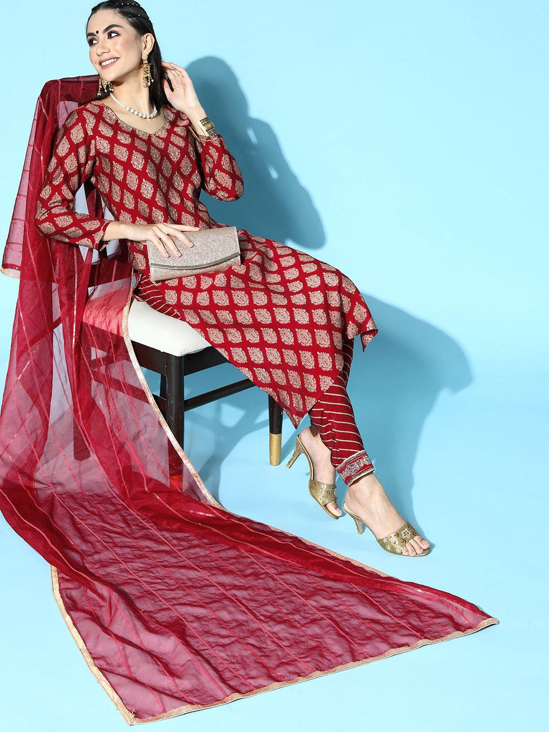 Maroon Printed Silk Blend Straight Kurta With Palazzos & Dupatta