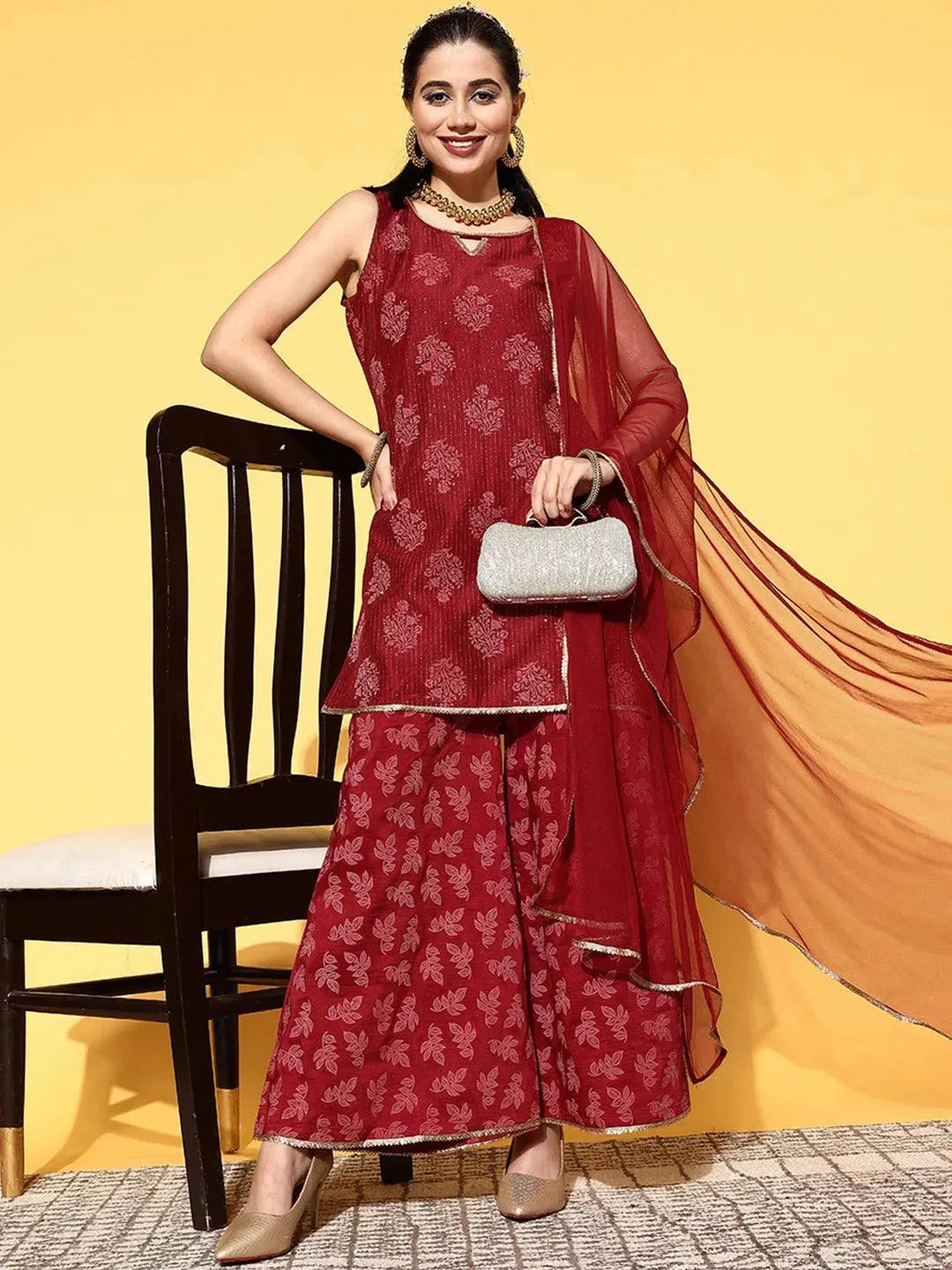 Maroon Printed Silk Blend Straight Suit Set - Libas 
