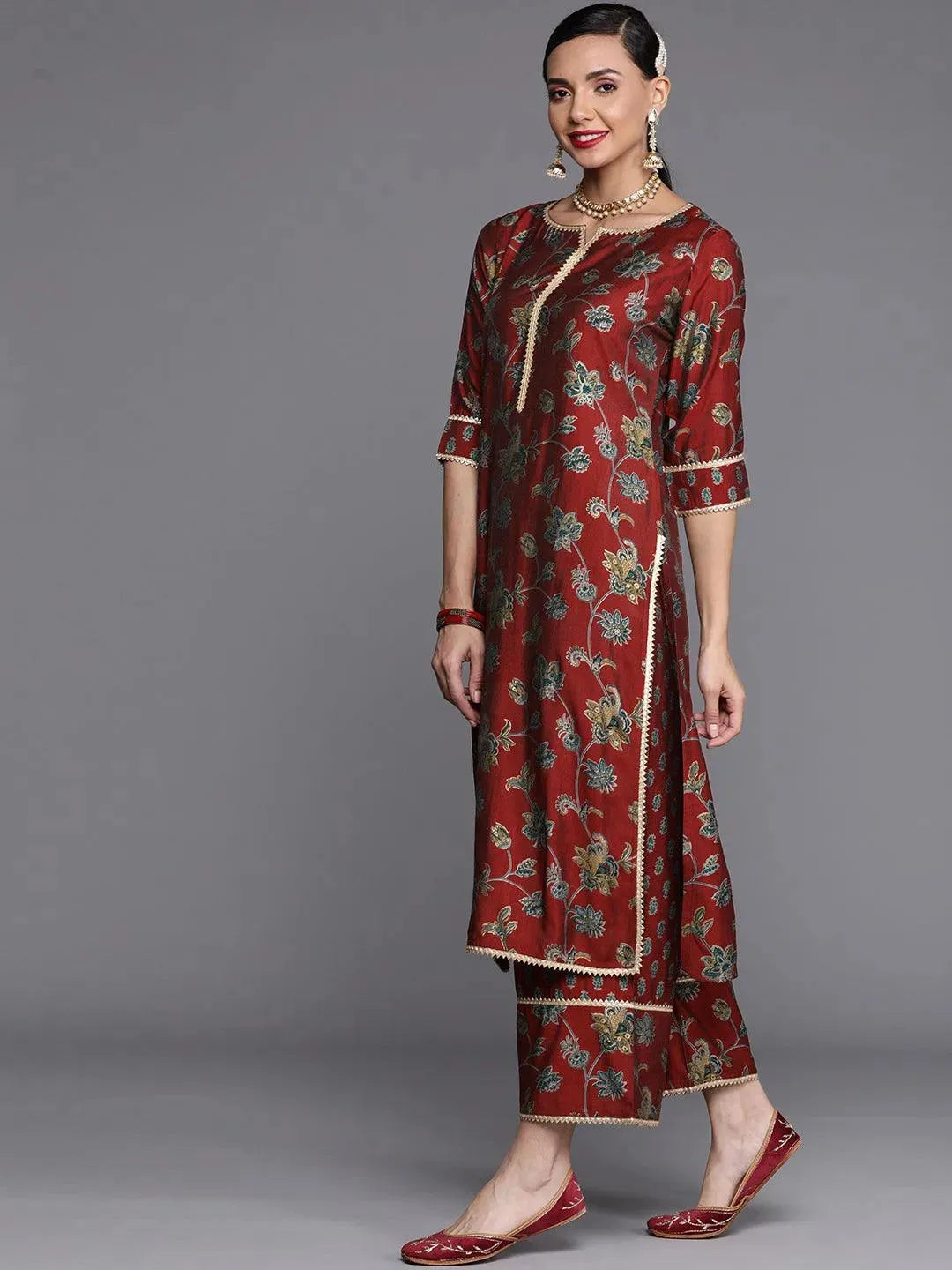 Maroon Printed Silk Blend Suit Set - Libas