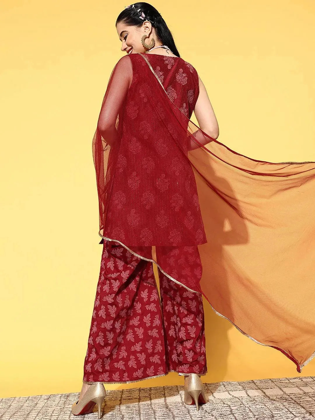 Maroon Printed Silk Blend Straight Suit Set - Libas 