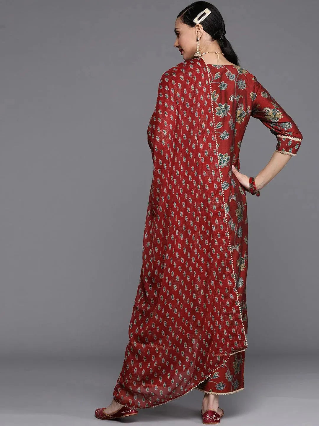 Maroon Printed Silk Blend Suit Set - Libas 