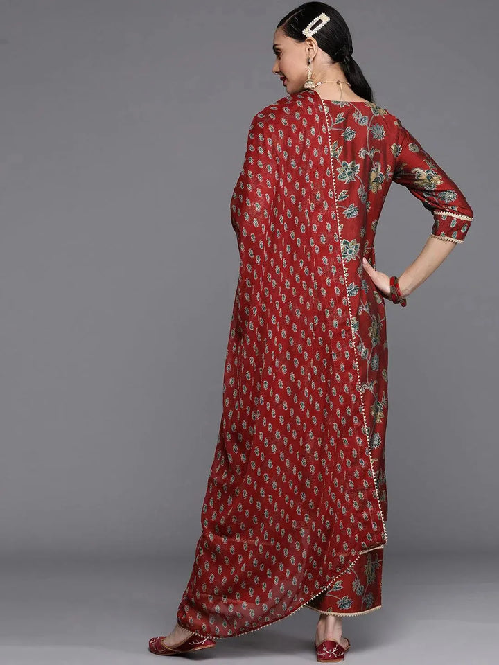 Maroon Printed Silk Blend Suit Set - Libas