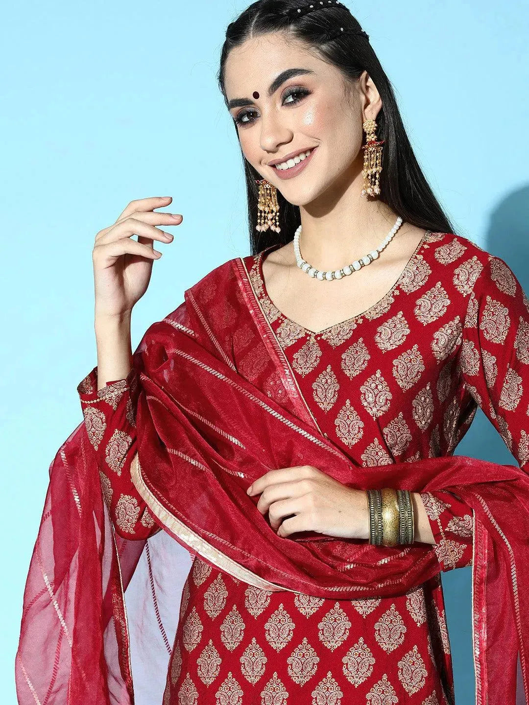Maroon Printed Silk Blend Straight Suit Set - Libas 