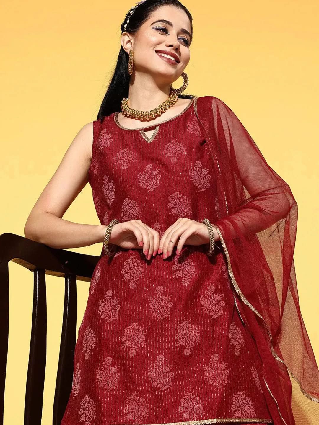 

Maroon Printed Silk Blend Straight Kurta With Palazzos & Dupatta