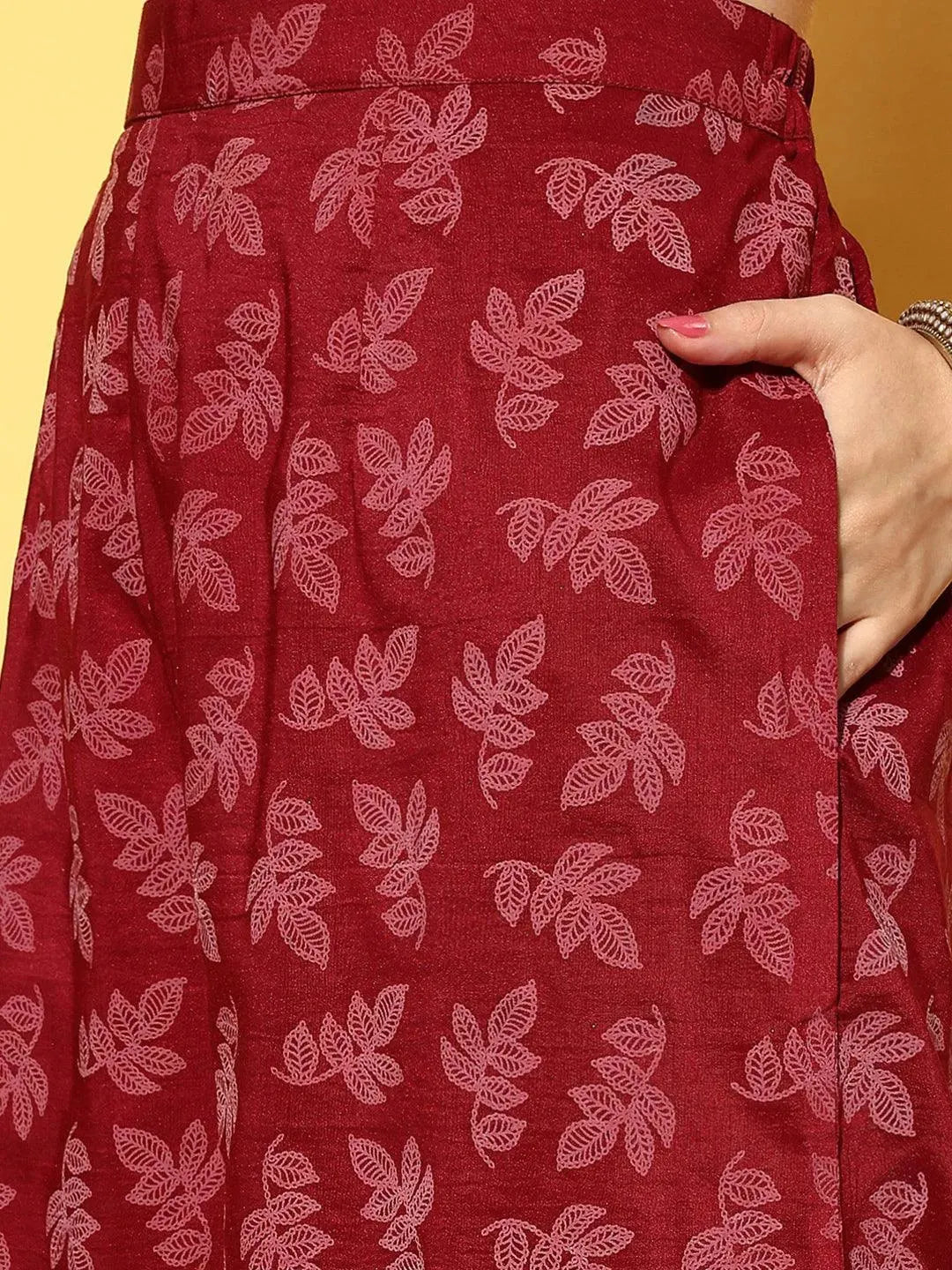 Maroon Printed Silk Blend Straight Suit Set - Libas 
